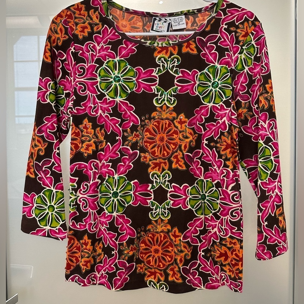Vintage Take Two Clothing Co Pink Green 3/4 Sleeve Sequin T-Shirt Womens Medium - Picture 1 of 5